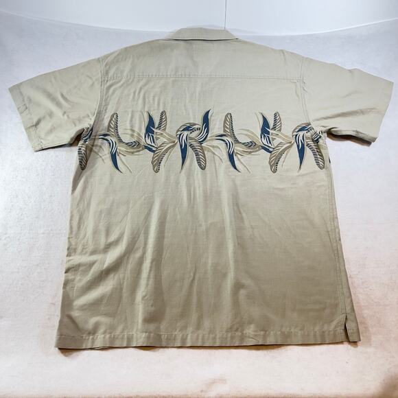 Button Shirt M.E. Sport Men's XL Tan w/ Slate Blue Floral Print Collared Cotton - Picture 3 of 9